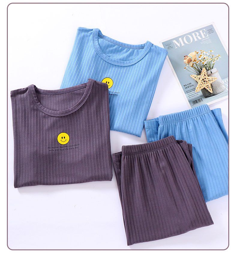 MAMDADKIDS - 螺紋短袖套裝/家居服-笑臉-藍色