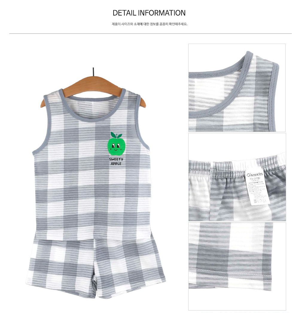 韓國 Maykids - 有機棉透氣輕薄無袖家居服-格子青蘋果