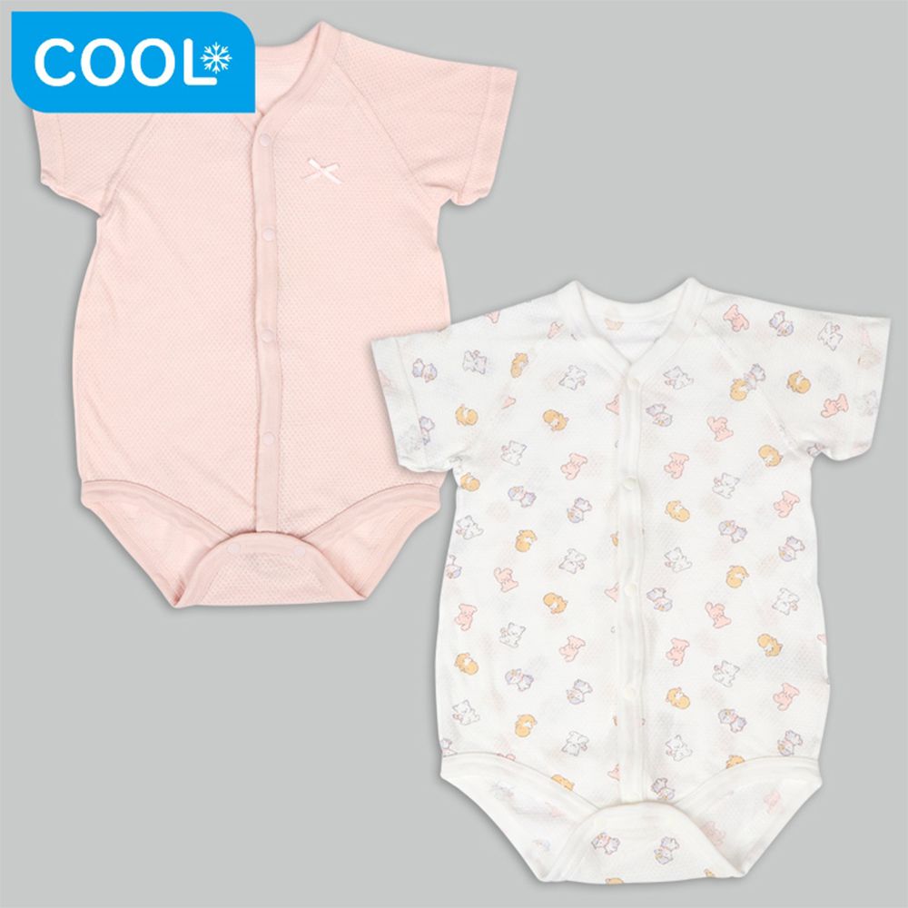 短袖網眼包屁衣2件組 前開式-兔子-粉紅色