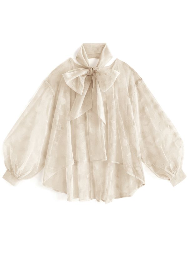 日本 GRL - 葉子紋溫柔蝴蝶結泡泡袖上衣-米杏 (F)