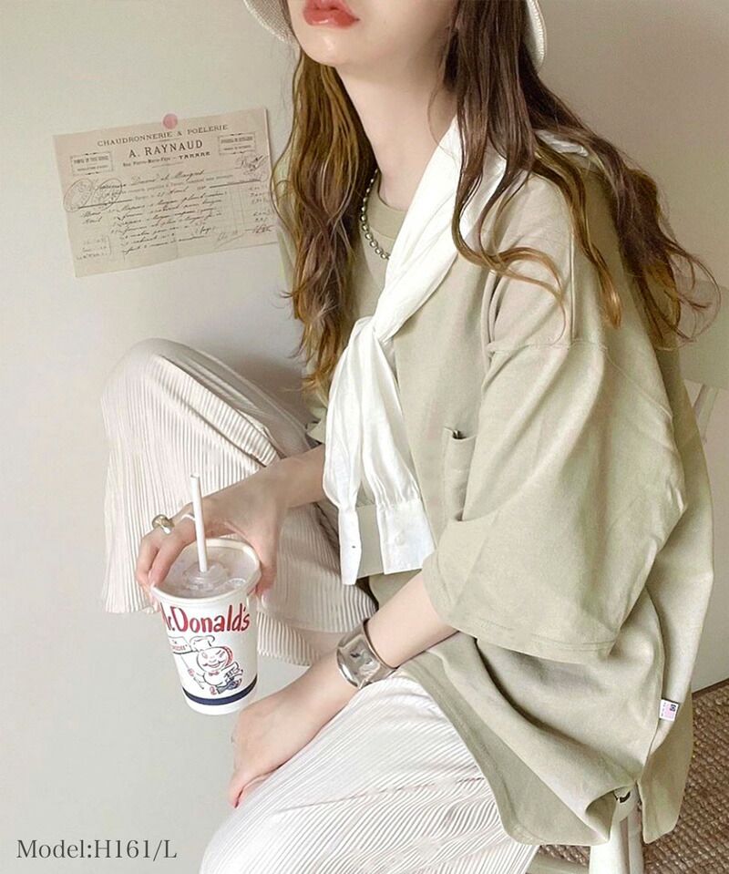 日本 Classical Elf - 100%美國棉厚磅落肩長版短袖上衣-藍綠