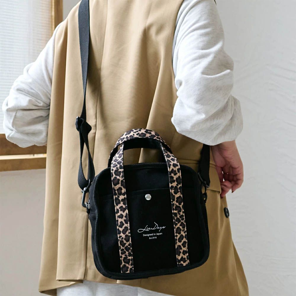 2way輕量文藝方形帆布小包-黑x豹紋