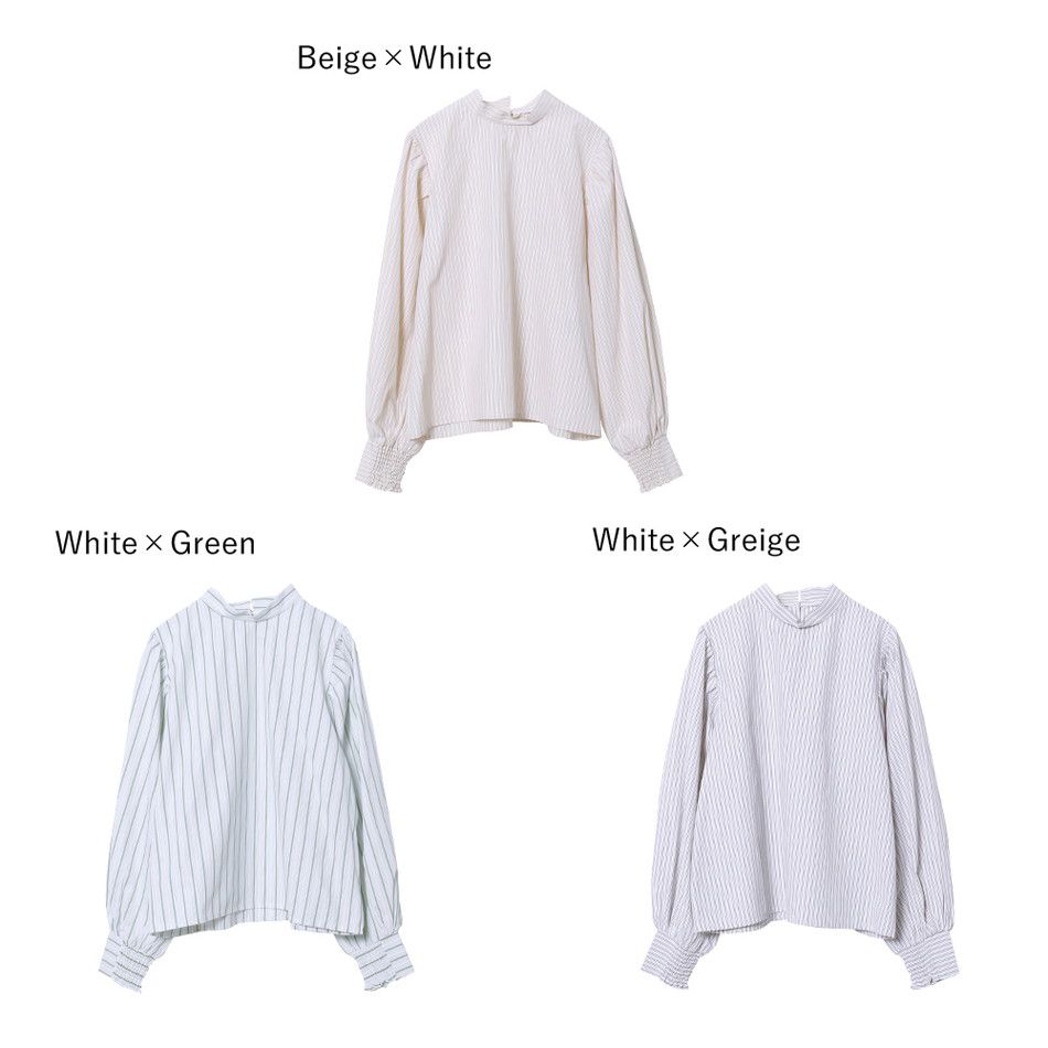 日本 Rejoule - 小立領浪漫澎袖上衣-白灰杏 (M(Free size))