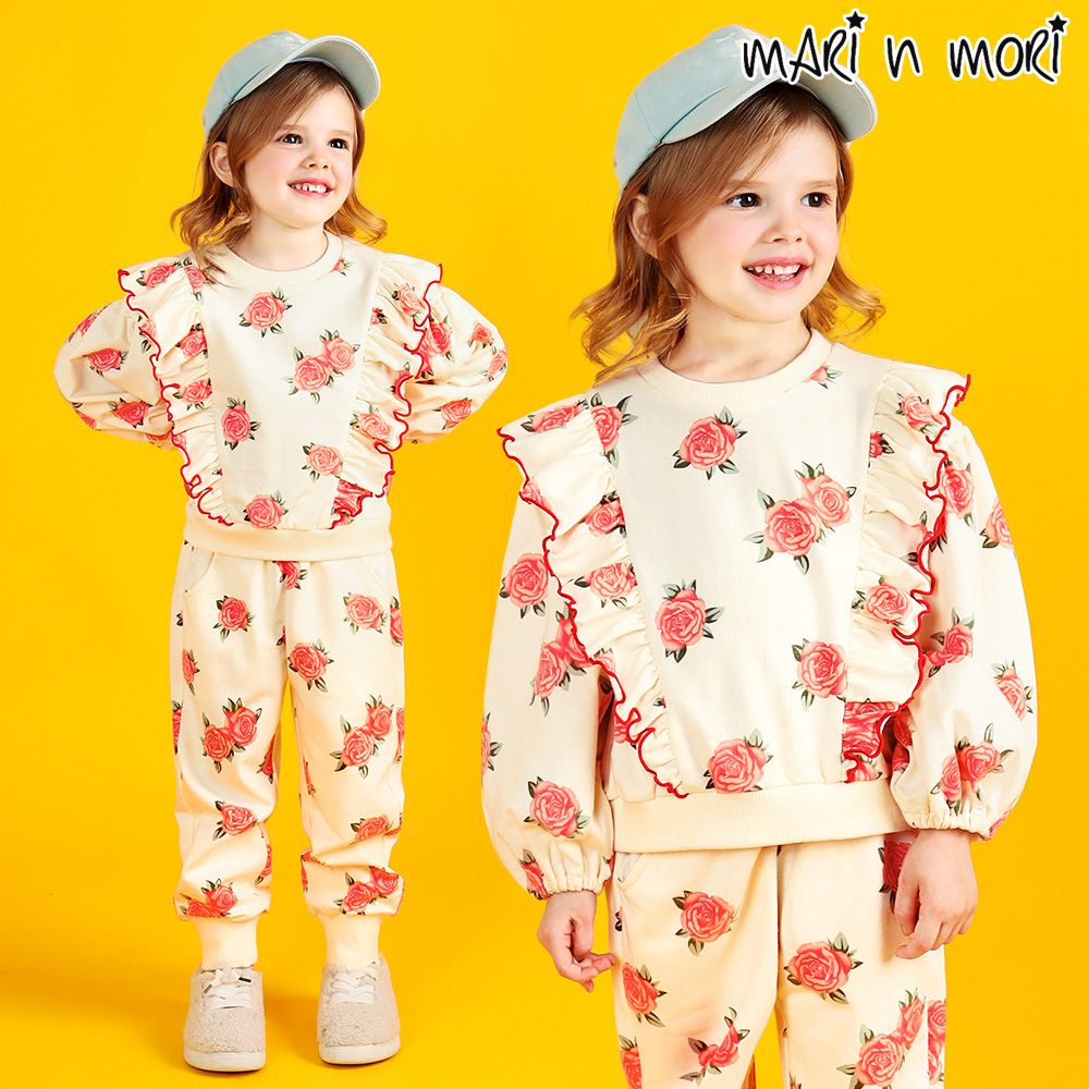 韓國 WALTON kids - 滿版玫瑰花印長袖縮口套裝-奶油白