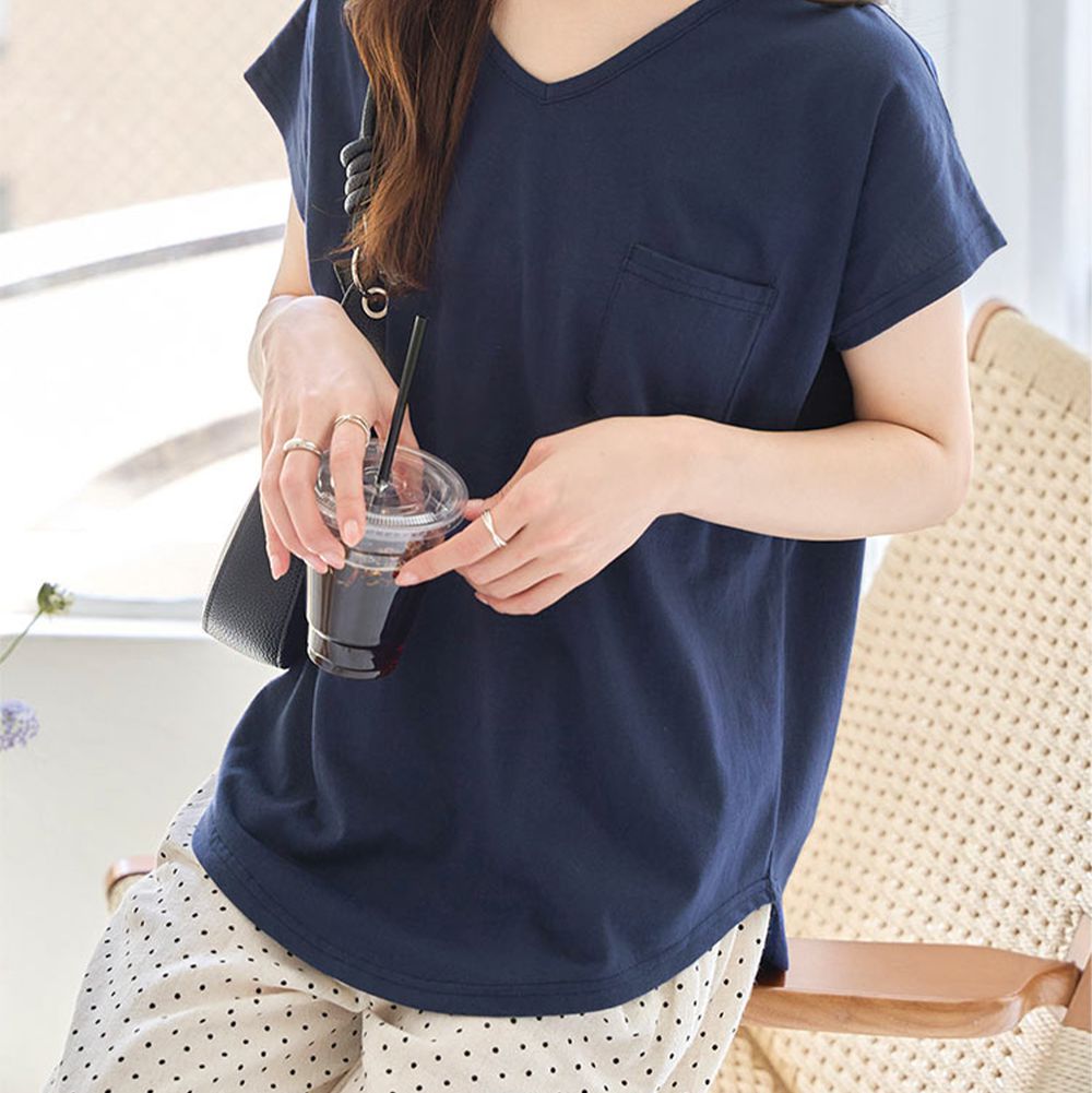 抗透汗 純棉V領口袋修身短袖上衣-海軍藍