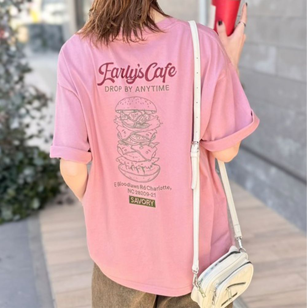 Java 純棉漢堡印花寬鬆短袖T恤-(男女兼用)-粉紅