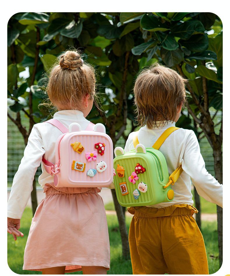 卡通DIY可拆式兒童後背包/小方包-珍珠奶茶+車車-綠色 (20.8x9.9x21.2cm)