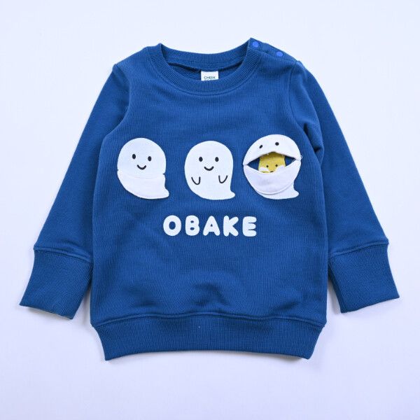 日本 Baby Room - 裏毛立體翻翻樂長袖上衣-可愛幽靈-淺灰