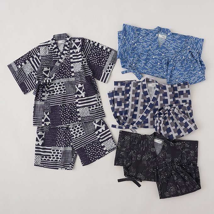 日本 b-ROOM - [限量]夏季印花純棉甚平-方塊-灰藍