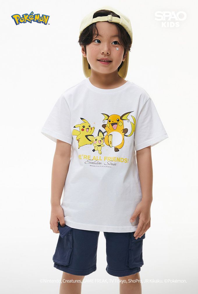 韓國童裝代購 - SPAO KIDS聯名短袖上衣-卡通人物皮卡丘家族-白