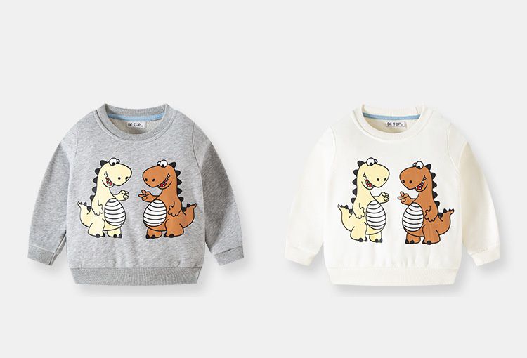 純棉圓領長袖上衣/大學T-呆萌恐龍兄弟-米白色