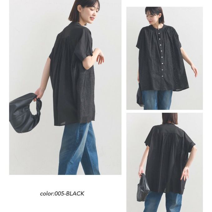 日本 OMNES - 100%棉 透膚感緹花短袖寬版襯衫-白