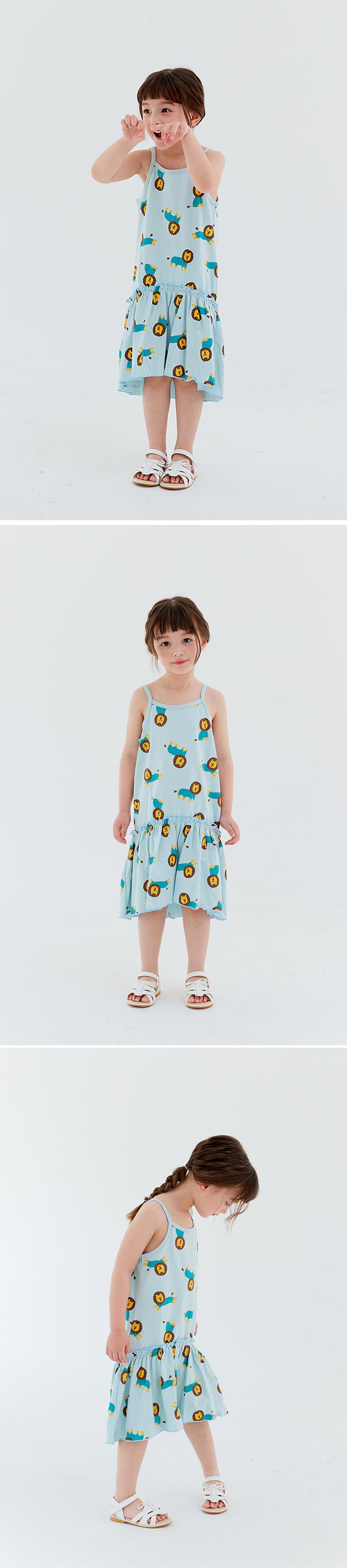 韓國 OZKIZ - 獅子好朋友細肩帶洋裝-湖藍