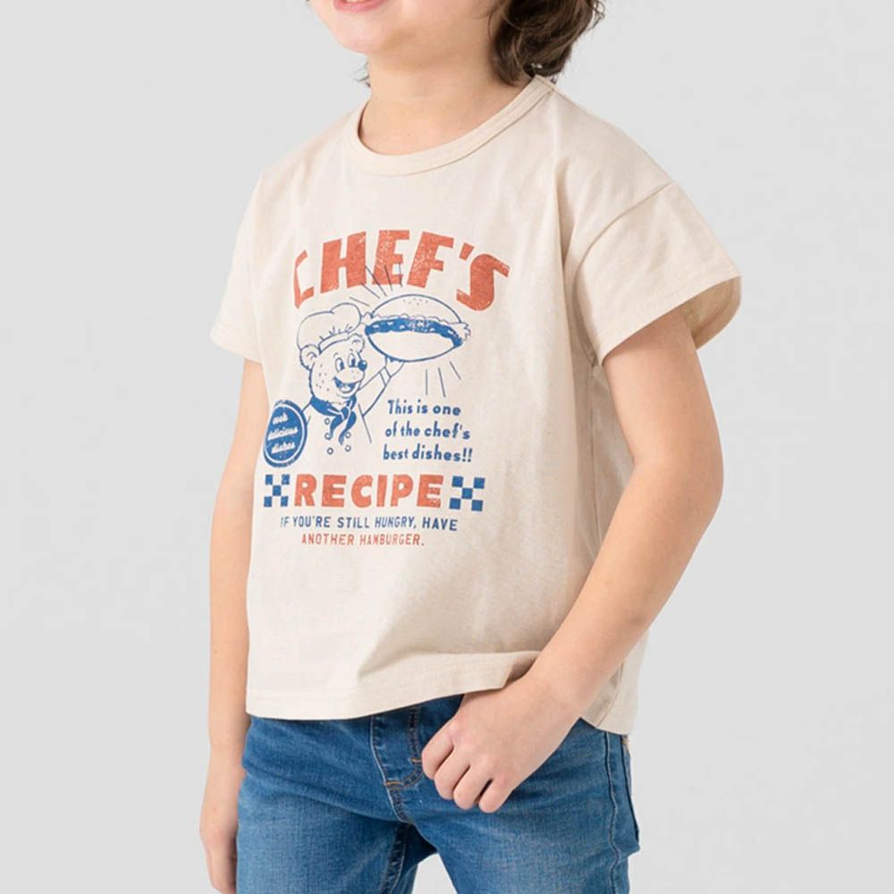 100%棉 定番印花短袖上衣-熊熊廚師-奶油白