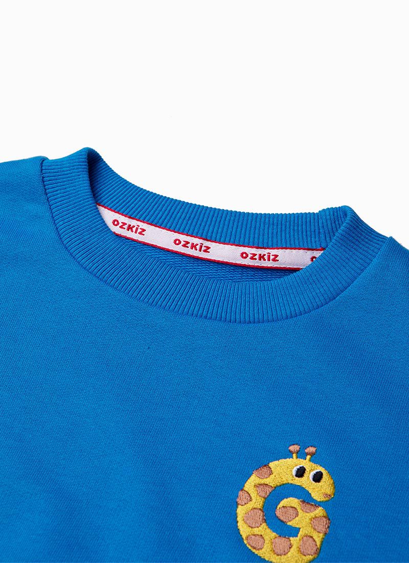 韓國 OZKIZ - 動物刺繡休閒長袖縮口套裝-長頸鹿-寶藍