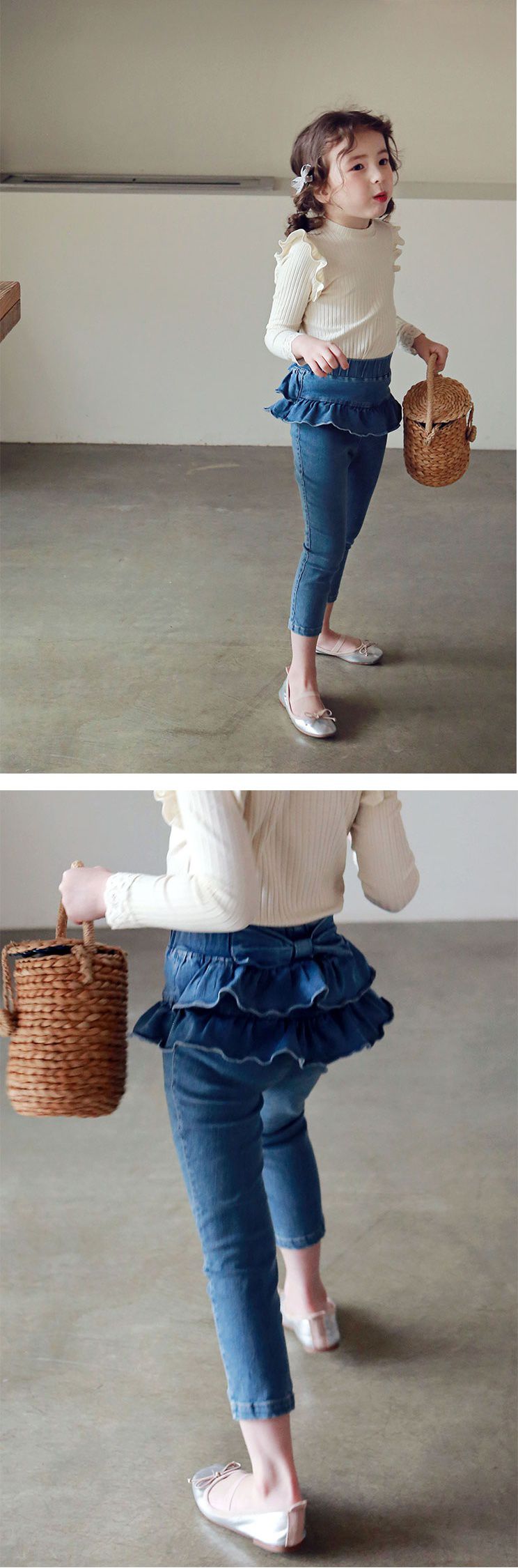 韓國 PuellaFLO - 蝴蝶結蛋糕裙長褲-深藍