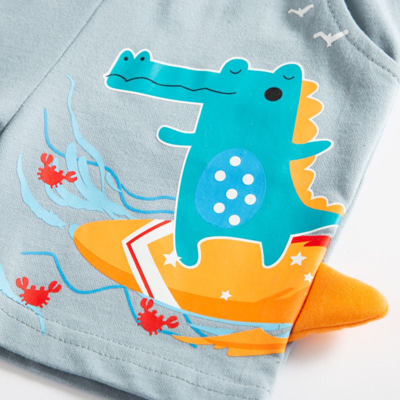 純棉休閒短褲-衝浪鱷魚-淺藍色