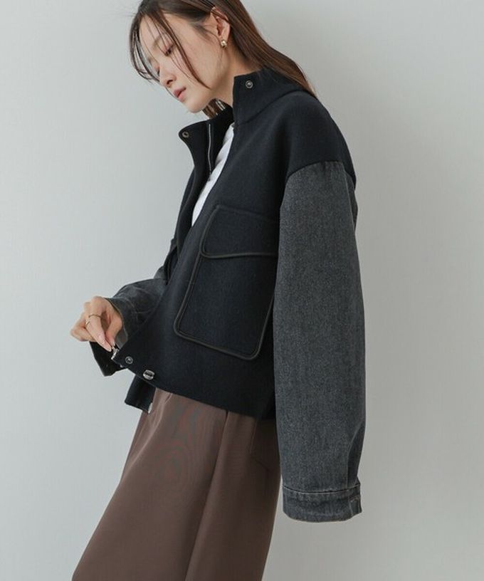 日本 Bab - 俐落簡潔丹寧袖拼接夾克/外套-棕系