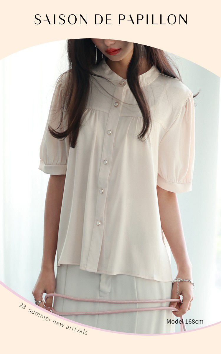 日本女裝代購 - 甜美細摺輕薄五分袖襯衫-米白