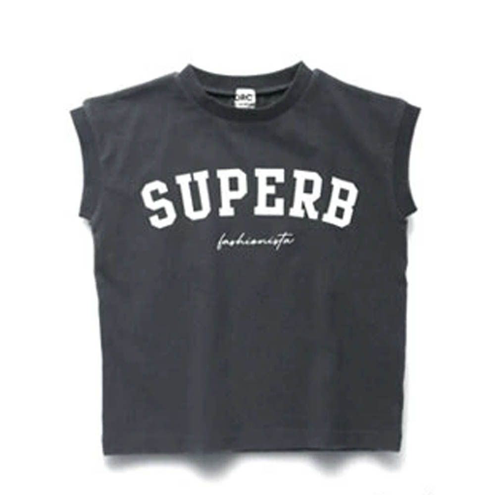 率性女孩法式袖上衣-英文logo-炭灰