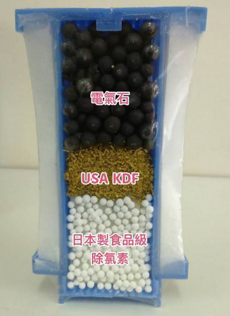 內部的濾材包含了USA KDF、電氣石（黑碧璽）、日本製食品及除氯素三種濾材，

✓USA KDF：去除 99%的無機水溶性重金屬，鐵、鉛、銅、汞等有害重金屬、餘氯、抑制細菌、防止結垢
✓電氣石（黑碧璽）：微量化學分子，含微量礦物質可去除水中異味
✓日本製食品級除氯素：過濾水中的氯以及水中的三鹵甲烷，除氯效果是市售同級商品十倍，可讓水質更清澈