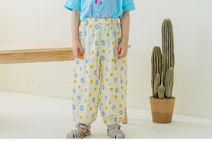 韓國 Bebezoo - 透氣純棉縮褲管防蚊褲-笑臉-奶油黃