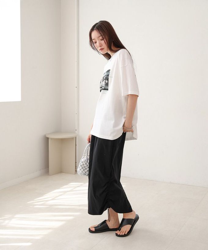 日本 Bab - 100%棉 極簡照片印花五分袖上衣-杏底綠字 (M)