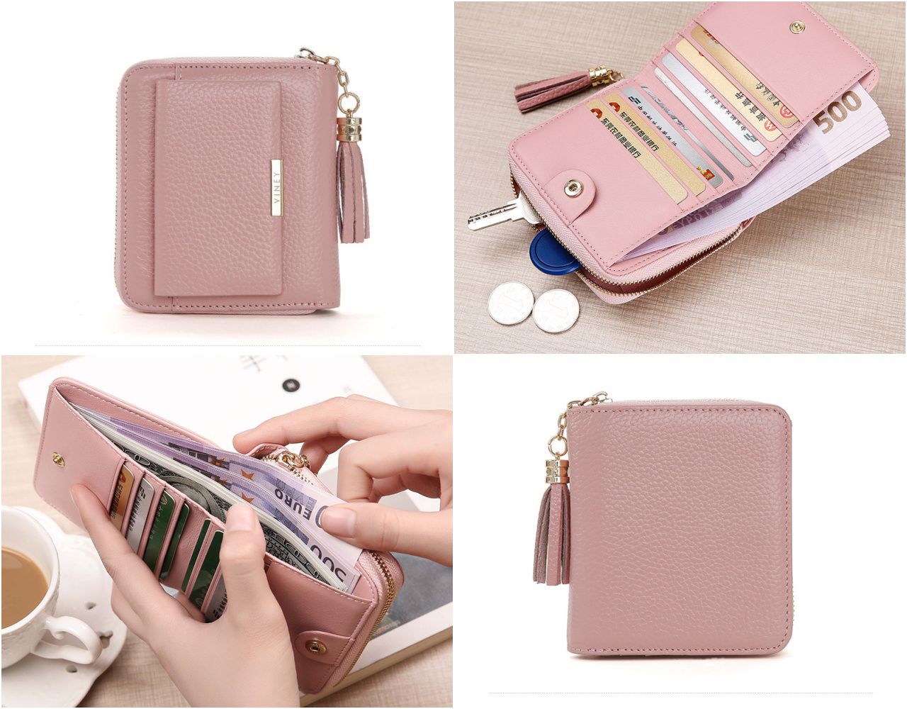 真皮質感流蘇拉鏈短夾-粉色 (11x10x3cm)