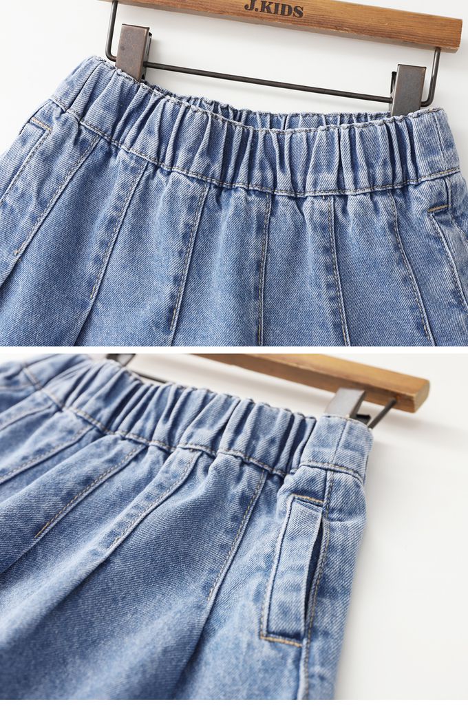 韓國 J KIDS - 鬆緊腰牛仔風縫線褲裙-牛仔藍