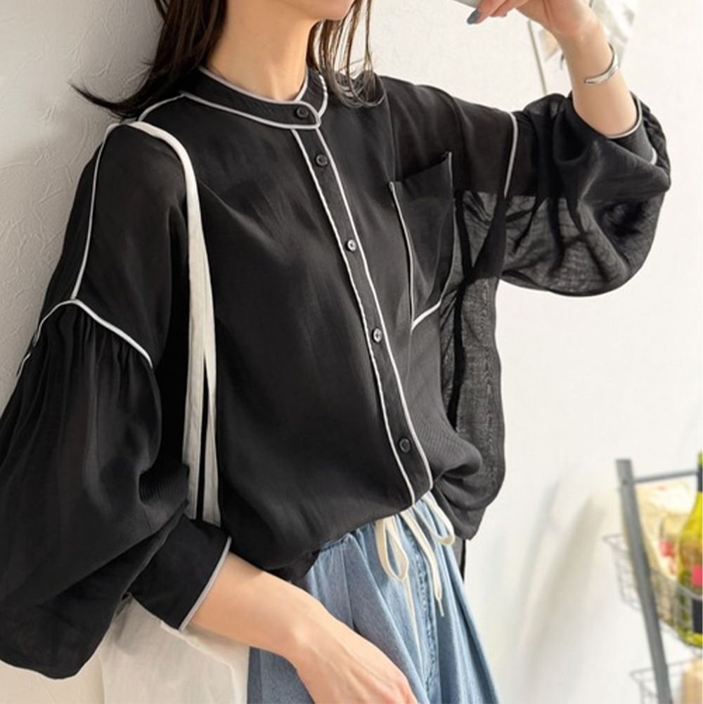 嫘縈透膚飄逸大寬長袖襯衫-黑