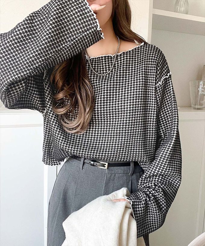 日本 Classical Elf - 2way華夫格木耳捲邊浪漫長袖上衣-黑白