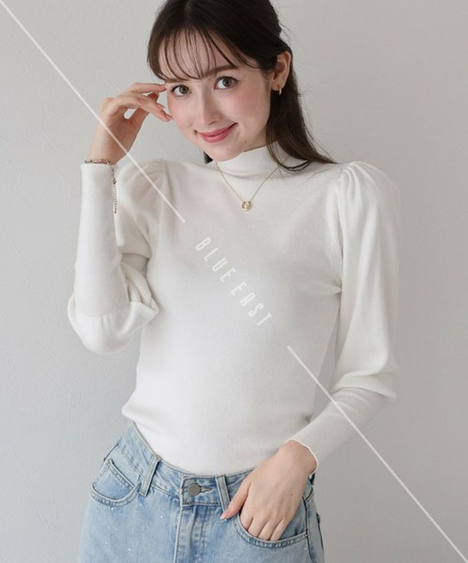 日本 BLUE EAST - 宮廷風百搭針織微高領長袖上衣-白