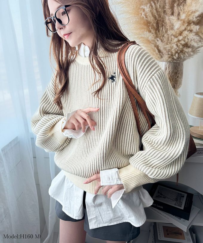 日本 Classical Elf - 刺繡logo 線條感針織長袖上衣-橘紅x米