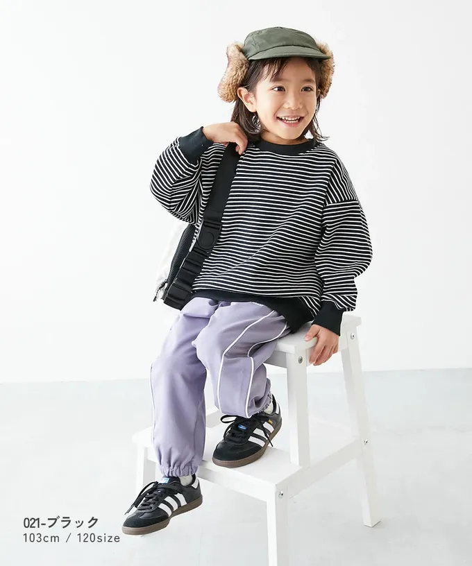 日本 devirock - 裏起毛 百搭條紋大學長袖上衣-黑