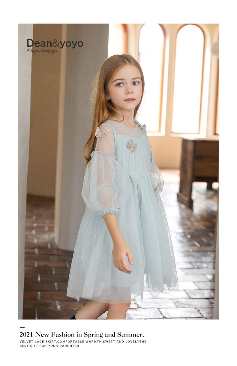 Little Deeyoo - 小仙女七分袖網紗連身洋裝-立體蝴蝶-藍色