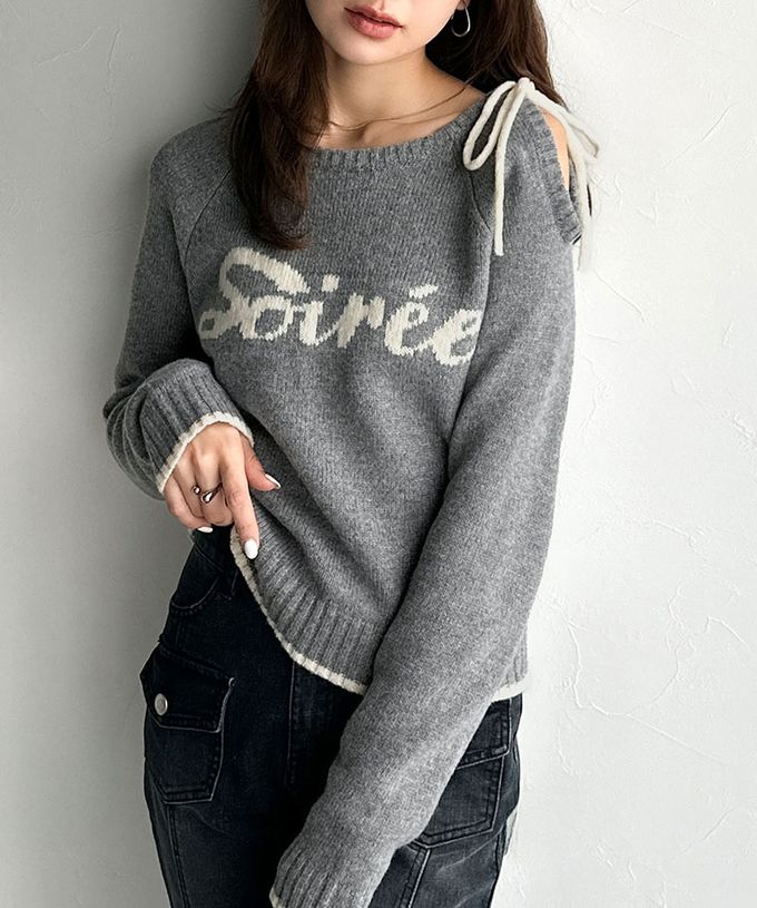 日本 Classical Elf - mily bilet 露肩綁帶唯美文字針織上衣-灰