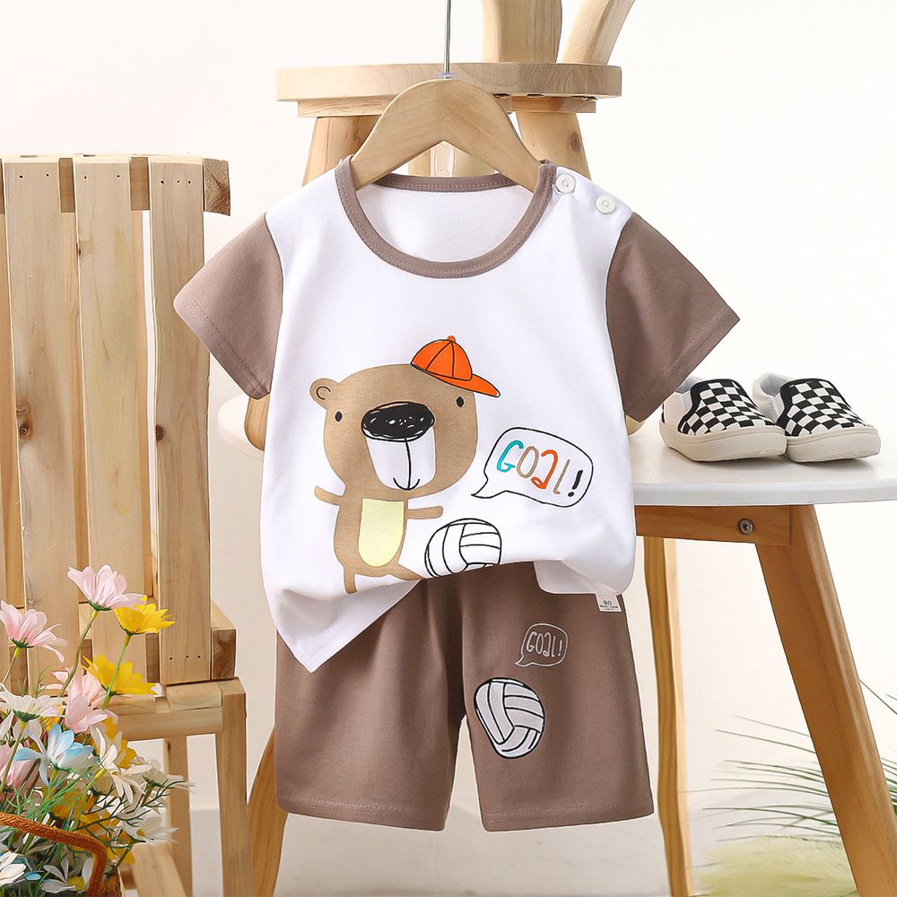 純棉透氣短袖短褲家居服套裝-足球小熊