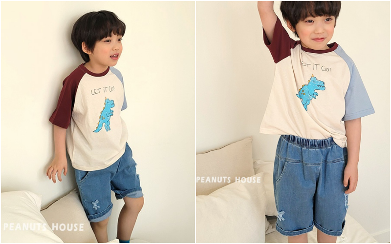 韓國 Peanuts House - 恐龍拼接色T-藍