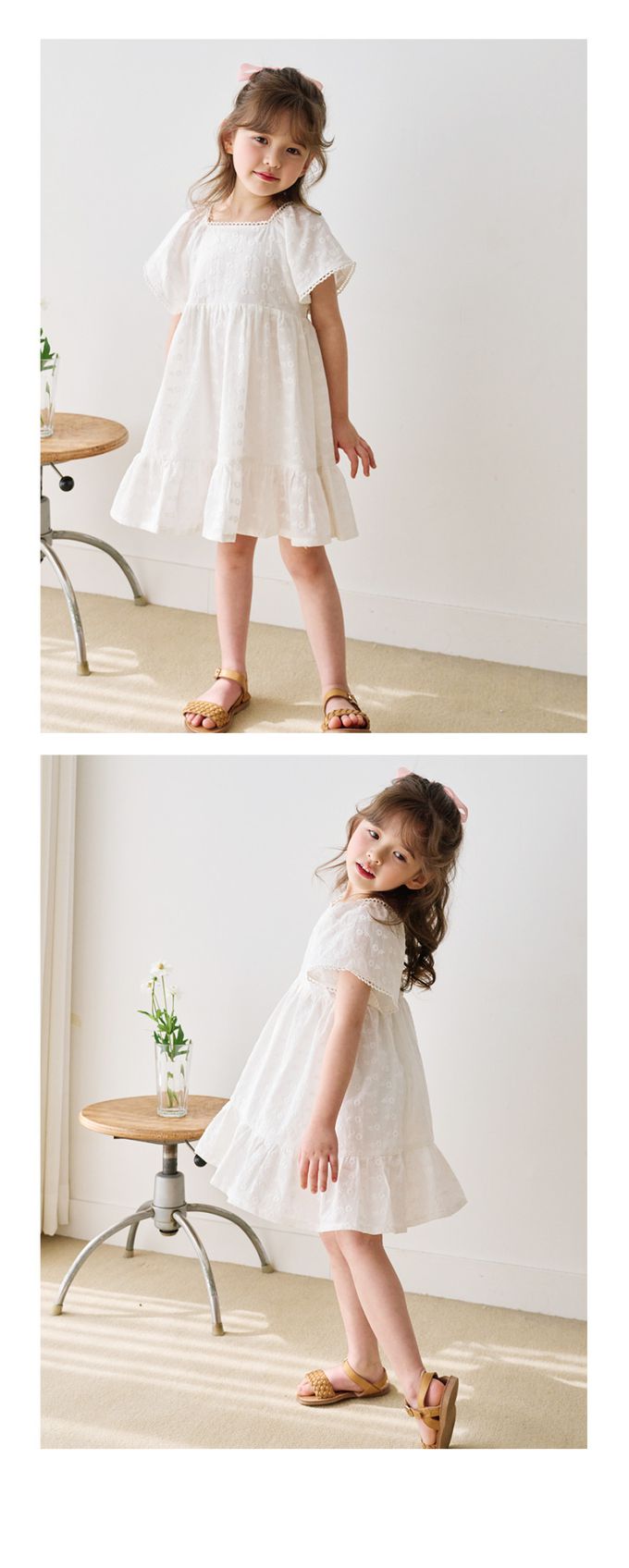 韓國 Bebezoo - 刺繡花點綴方領短袖洋裝-粉橘