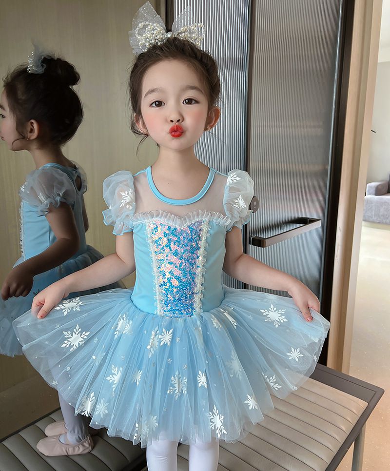 短袖造型公主裙/芭蕾舞裙-冰雪亮片-藍色