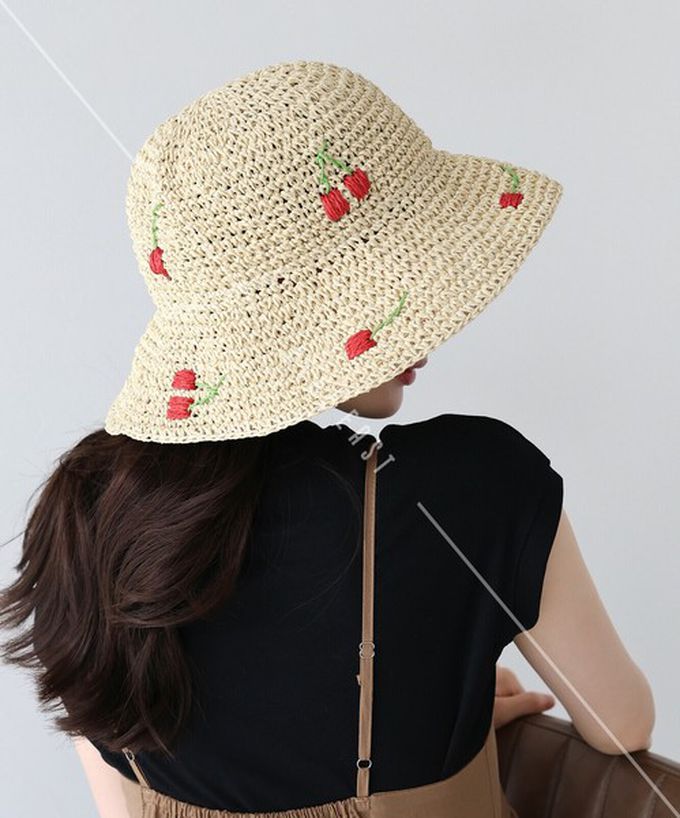 日本 BLUE EAST - 可愛刺繡編織遮陽漁夫帽-淺卡其