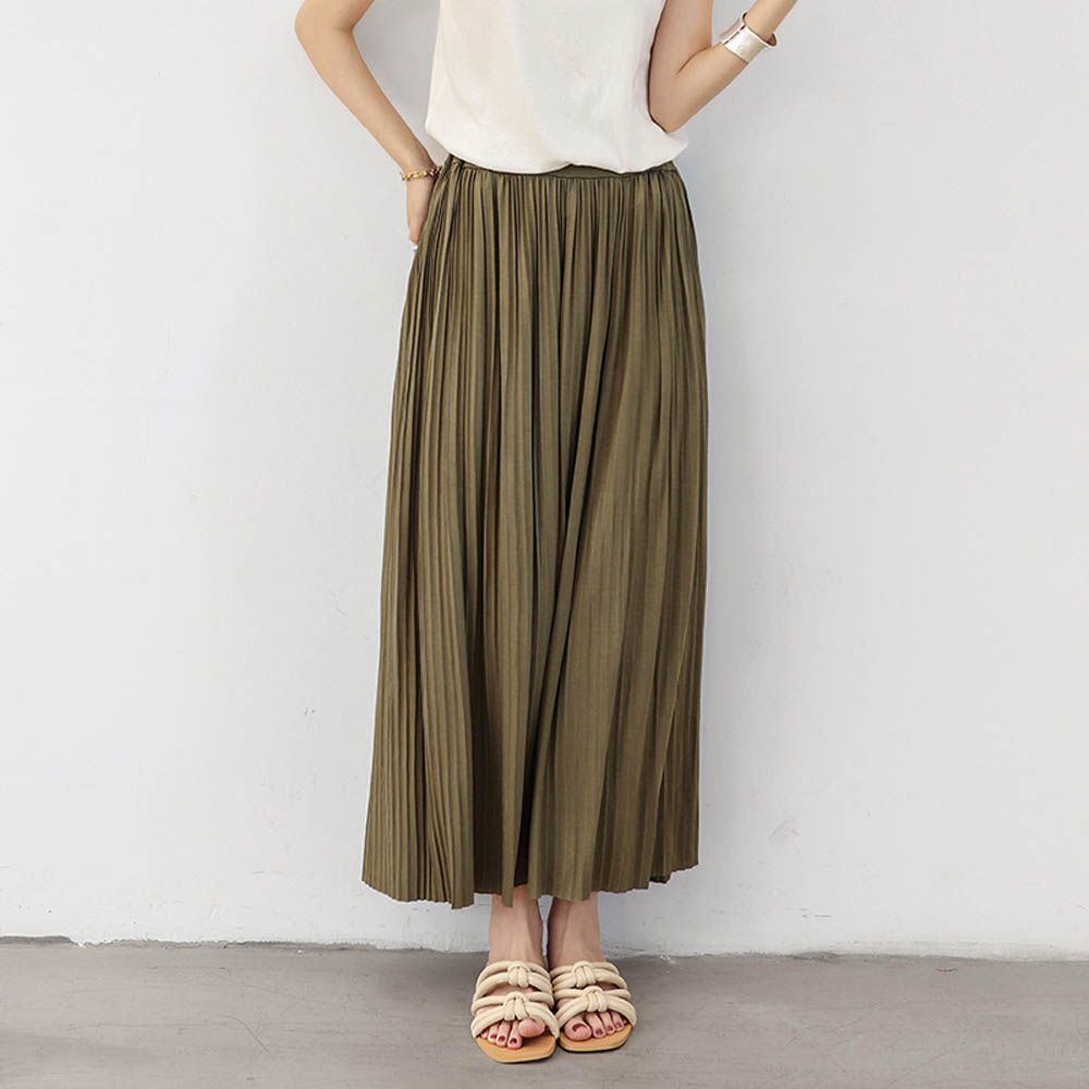 莫代爾舒適修身百摺長裙-軍綠色 (F)