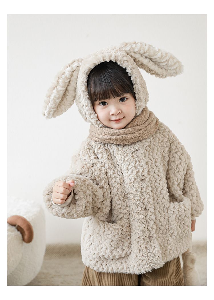 TONGMO - 立體造型毛絨保暖連帽外套-兔耳朵-粉色