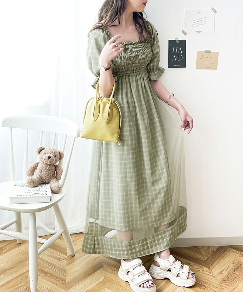 日本 Classical Elf - 歐風文藝泡泡袖紗拼接洋裝-格紋-草綠