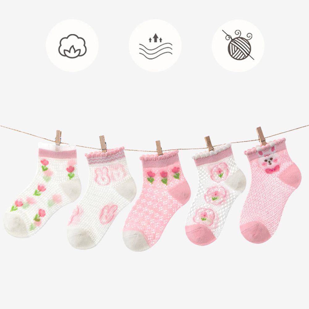 粉紅花朵兔兔網眼短筒棉襪 (XL (腳長19-21cm))-5 雙一組
