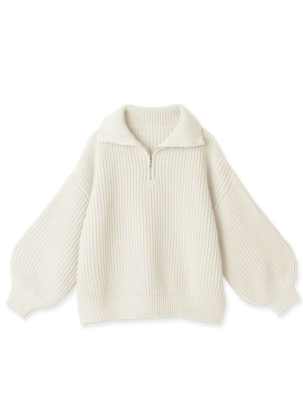 日本 GRL - 率性拉鍊領氣球袖針織上衣-深咖啡 (F)