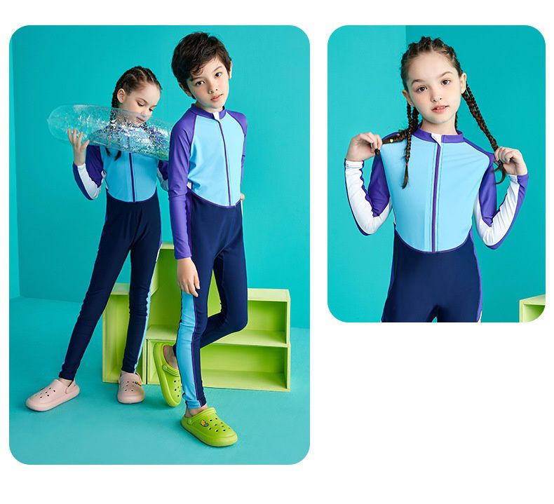 男寶運動風拼色連身長袖泳衣-深藍+淺藍+紫