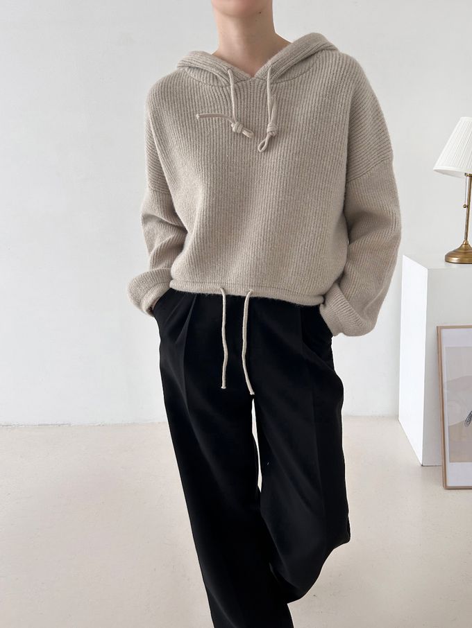 韓國女裝連線 - 連帽抽繩長袖針織上衣-米白 (FREE)