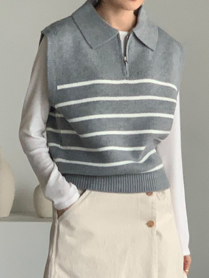 韓國女裝連線 - 拉鍊翻領條紋針織背心-灰 (FREE)