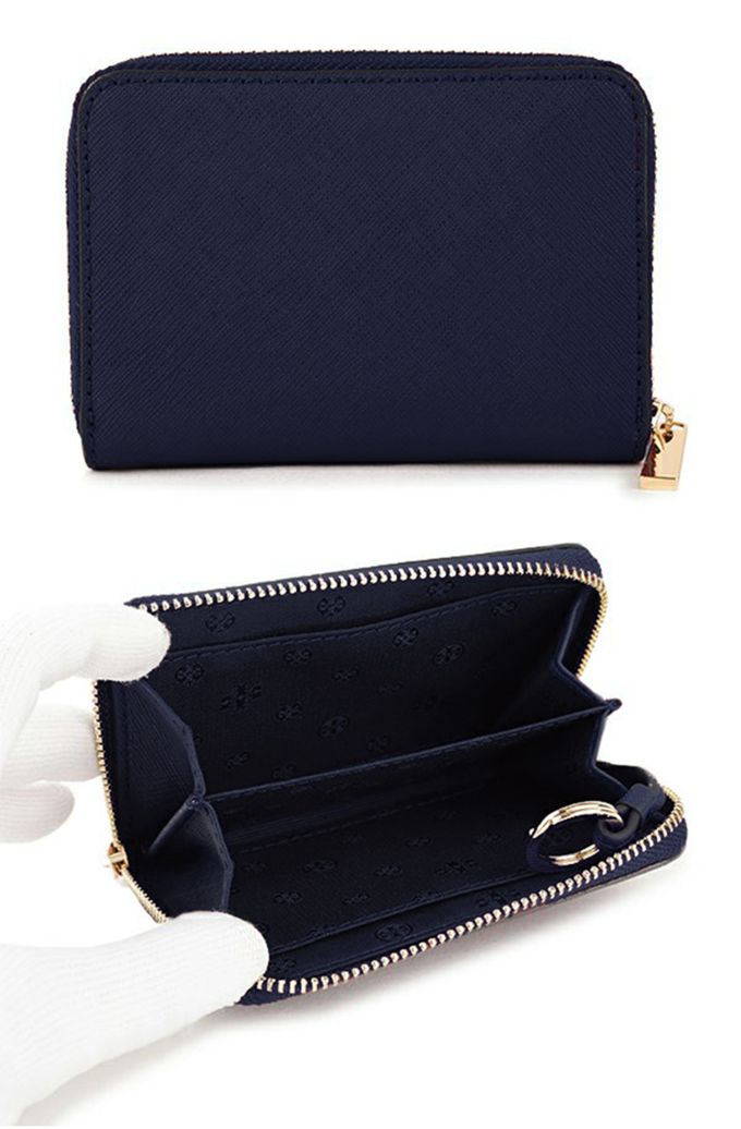 Tory Burch - 素面皮革拉鍊短夾 (深藍)